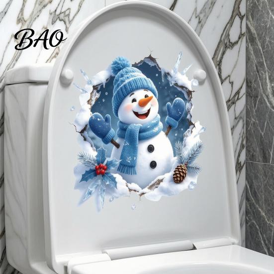 Indoor Outdoor Winter Holiday Decals Christmas Snowman Toilet Stickers, 3D Bathroom Wall Decals, Glass Door Stickers Waterproof PVC Window Seat