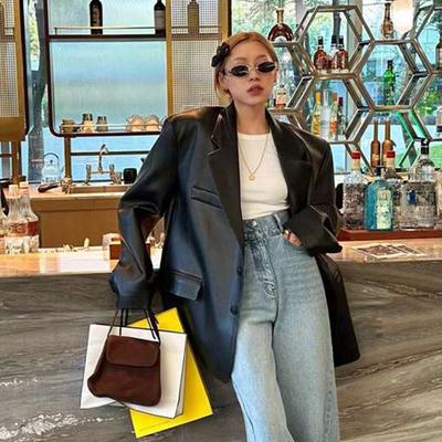 Giacca da abito premium in PU largo da donna con spalle imbottite anti-rottura Moda primavera autunno taglie forti abito da donna