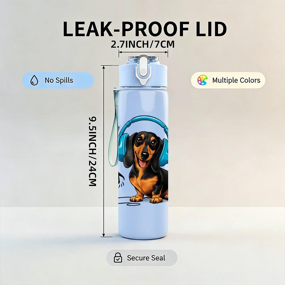 1PC Dog With Headphones Music Print 750ml Color Plastic Sports Water Bottle Leakproof Flip Straw Lid Suitable for Sports Office Home Use