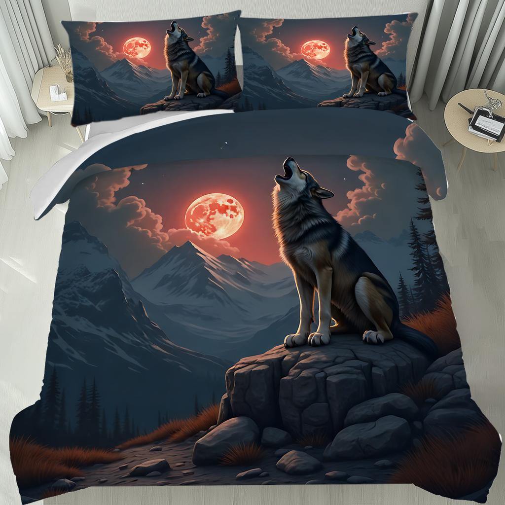 Midnight Lone Wolf Bedding Set Collection, Ultra-Soft Breathable Printed Duvet Cover Set With Pillowcases For Bedroom