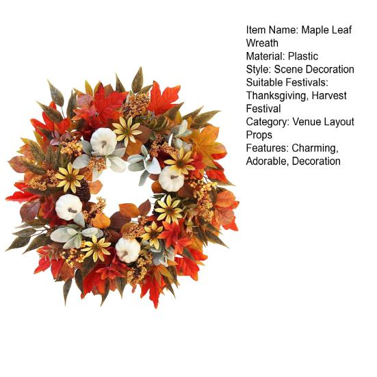 Umělý podzimní věnec na vchodové dveře 18" Věnec z javorových listů s dýní, květinou a bobulemi pro sklizeň, Den díkůvzdání, farmářskou výzdobu