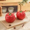 Decorative Food Container for Home Tomato Ceramic Spice Jar with Lid & Spoon, 420ml Mini Salt Sugar Airtight Pepper Storage Pot, Cute Chili