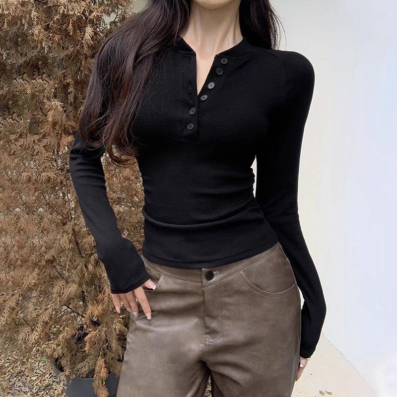 Dámské úzké dlouhý rukáv s polorozepínacím límcem a knoflíky, Korejský styl, Jaro Podzim, Čistý Lust styl, Sexy top