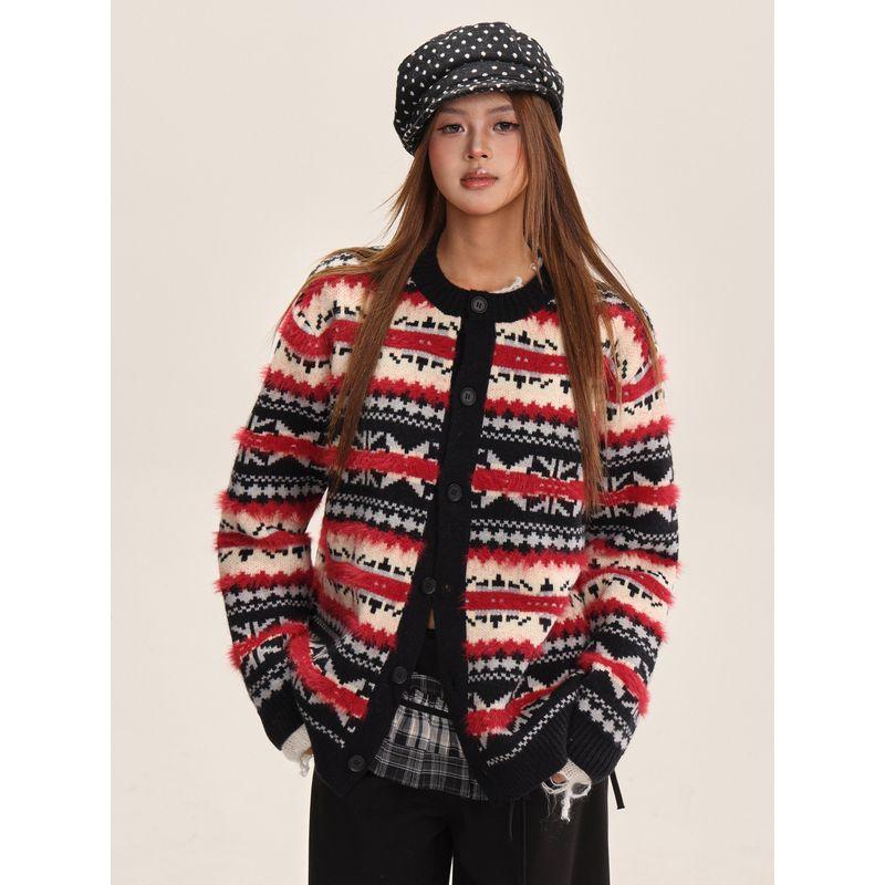 Shiyiyue Fair Isle New Year Cardigan Women's Autumn and Winter Lazy Style Loose Coat Round Neck Casual Knitted Sweater