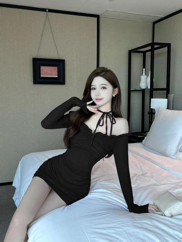 Sexy low-cut strap mesh solid color dress long-sleeved tight hip skirt work clothes autumn and winter