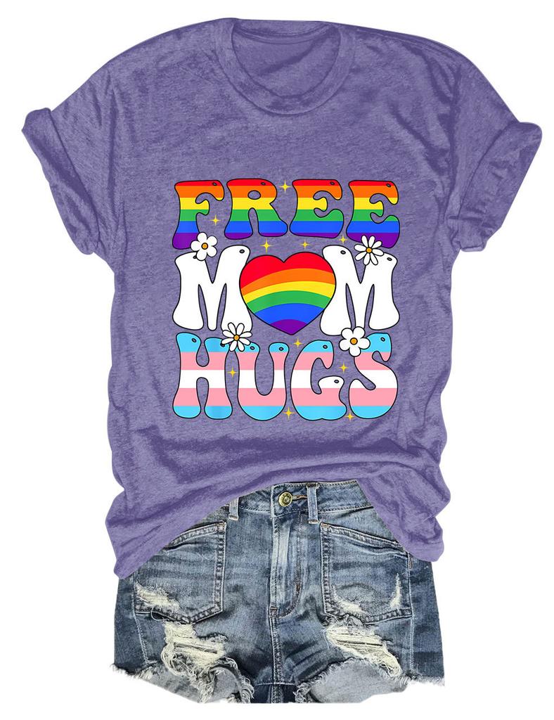 Summer New Shortsleeved Casual Tshirt Free Mom Hugs Print Loose Crew Neck Fashion Top Jumper