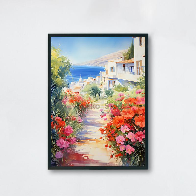 Watercolor Style Mediterranean Coast Sea Poster Seaside Landscape Prints Canvas Painting Wall Art Pictures Home Room Beach Decor