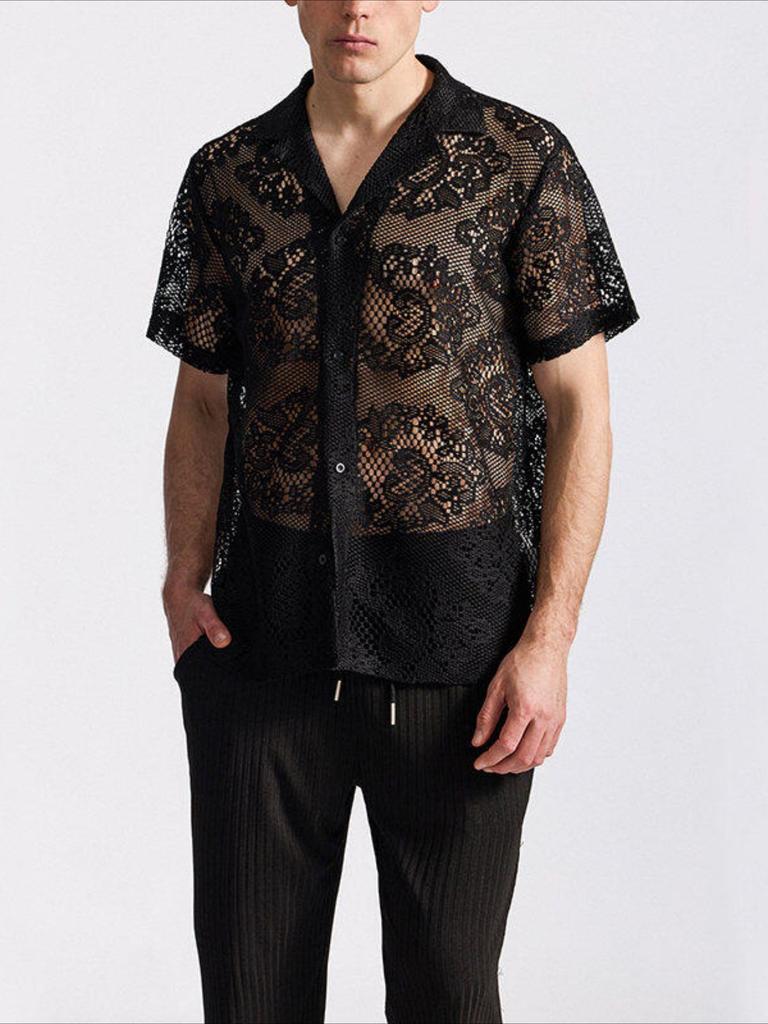 Men's Lace Short Sleeve Shirt Summer Casual Breathable Tops Fashionable Hundred Men's Tops