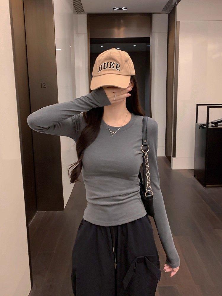 Women's Slim Fit Coffee Long Sleeve Round Neck Shirt - Tight Base Layer, Solid Color, Perfect for Spring & Autumn