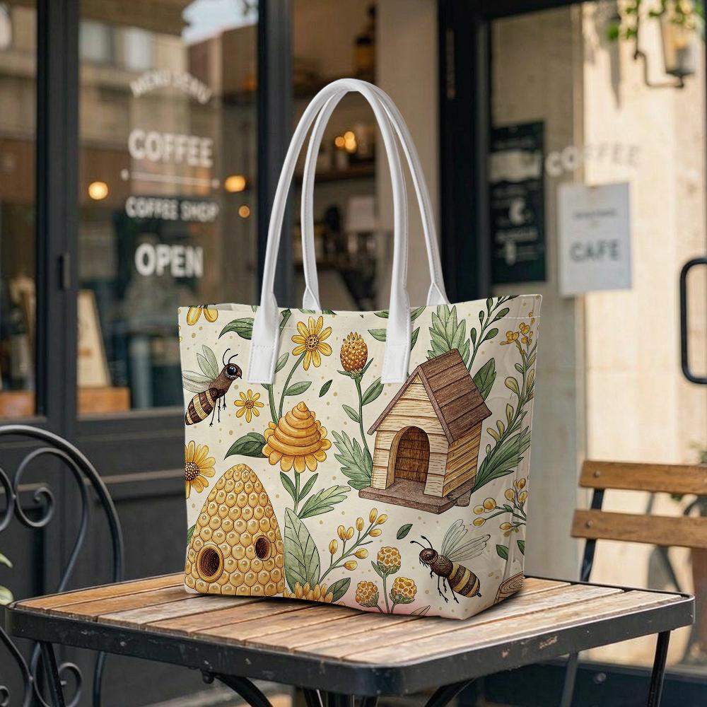 Bee Flower Pattern Tote Bag Casual Fashion Handbag for Daily Shopping Travel Use