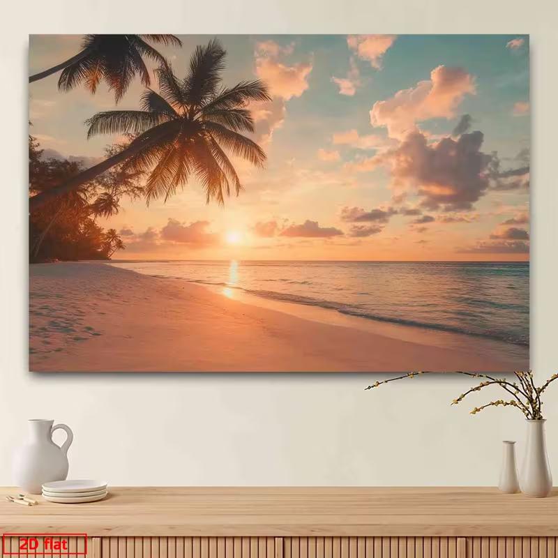 2D Dreamy Sunset Tapestry Tropical Beach View with Pastel Clouds, Palm Trees and Sunlit Waves 47.2x31.5inch/120*80cm