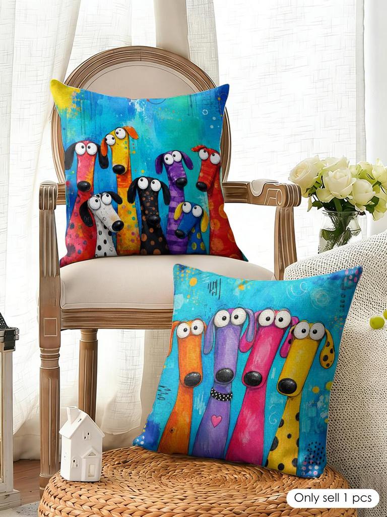 Funny Colorful Whimsical Dog Cushion Cover Natural Linen Organic Fabric Double-Sided Printing Breathable Perfect For Home Decor