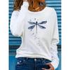 Spring and Autumn Women's 100% Cotton Fashion Casual Loose Dragonfly Print Round Neck Long Sleeve T-shirt Base Shirt