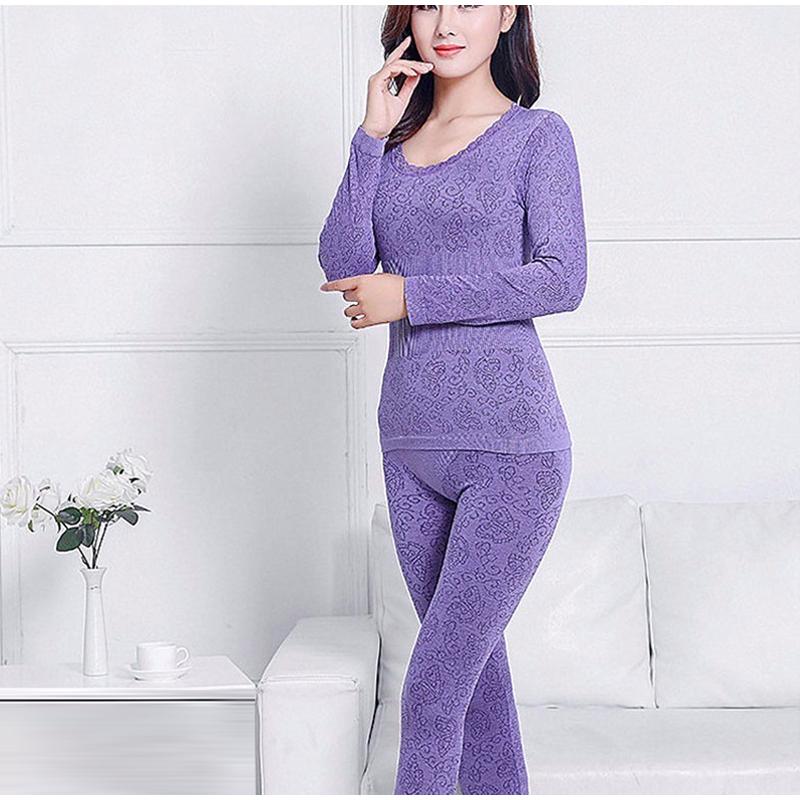 Sexy Women Underwear Thermal Sets High Neck Long Sleeve Top and Elastic Waist Bottom Comfortable Suit