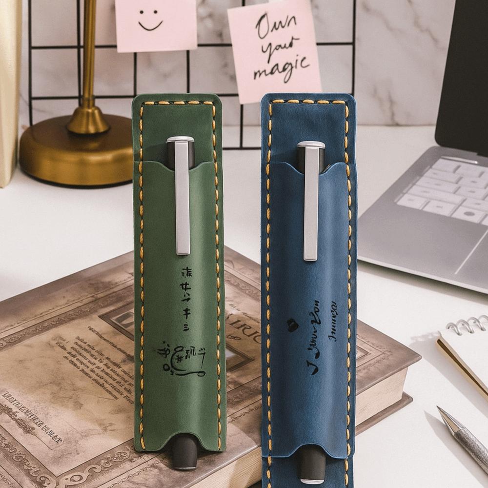 Elastic Band Pen Case Holder Crazy Horse Leather Portable Pen Pouch Leather Pencil Bag  Anime Fan