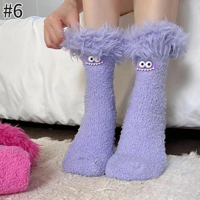 Women Girls Winter Thick Coral Fleece Cartoon Big Mouth Monster Plush Sleep Socks Warm Soft Home Socks