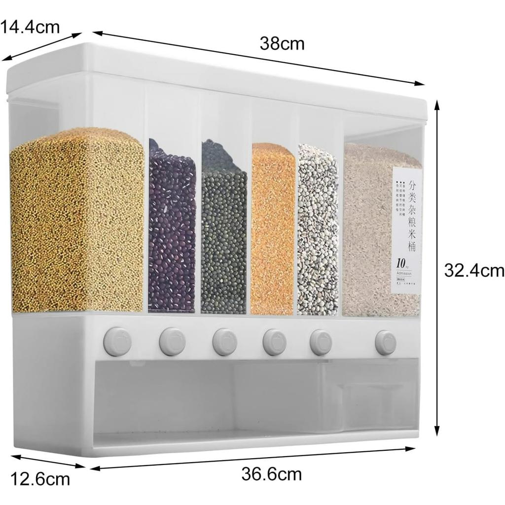 6 in1 Cereal Dispenser Dry Food Dispenser Storage Container Wall Mount Cereal Grain Rice Dispenser 6 Grid Rice Dispenser Food Bucket for Kitchen Home