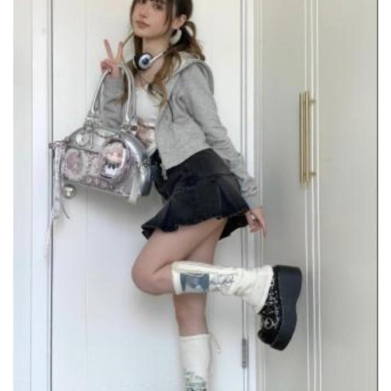 JIAERDI Japanese Silver Ita Bags Women Sweet Cool Girls Pu Leather Bowling Bag Handbag Female Harajuku Aesthetic Underarm Bag