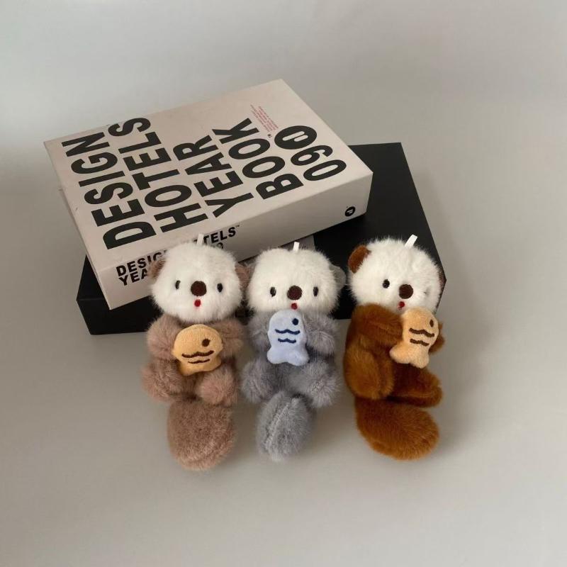 Cute Plush Otters Holding Fish Keychain  Backpack Animal Keyrings Bag Key Wallet Pendant Toy Girls Gift