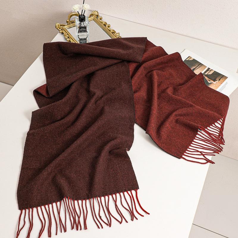 Autumn and winter double-sided two-color 100 wool narrow scarf women's high-end light luxury thermal scarf air conditioner shawl outside