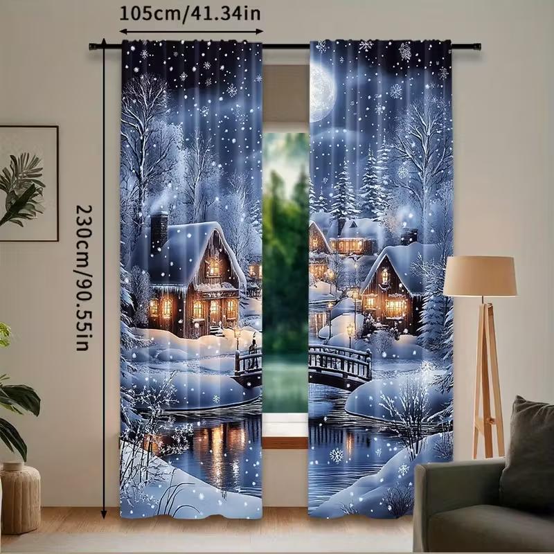 2pcs Snowy Cottage Christmas Curtains Cozy Design Polyester Window Decor for Holiday Living Room Bedroom Rod Pocket Curtains