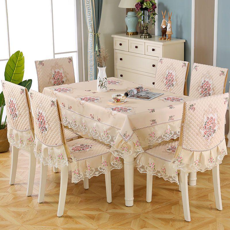 Light Luxury Dining Table Cloth Chair Cover Thickened Cushion European Style Large Flower Table Cloth Wave Lace Chair Cushion
