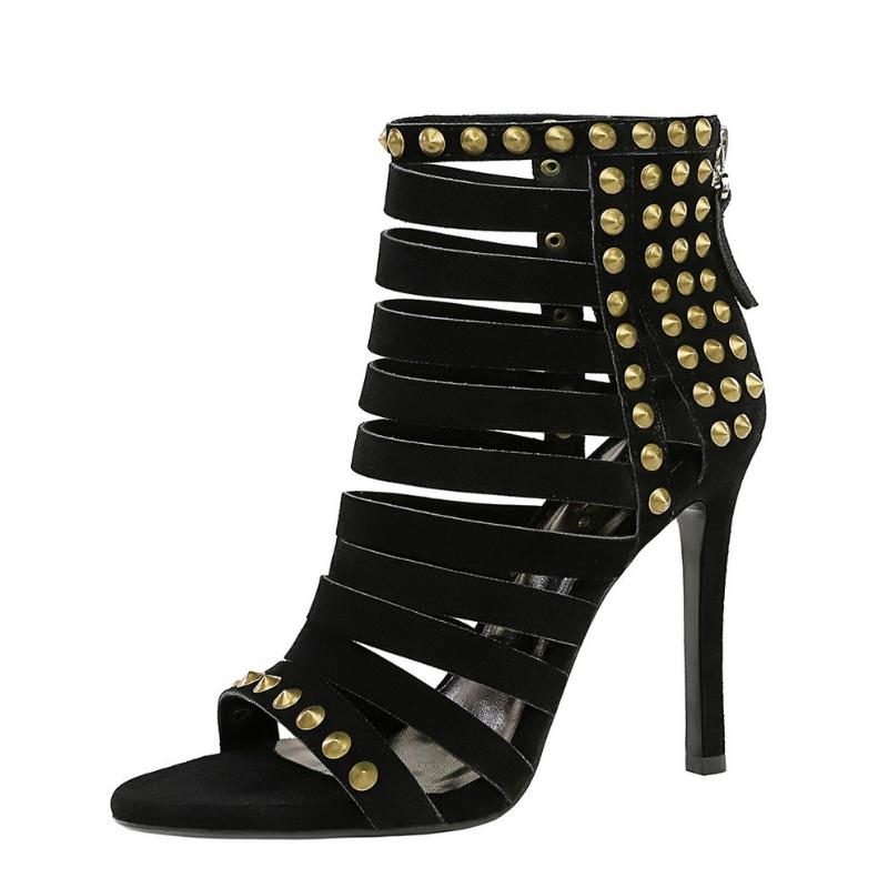 Vintage Hollow-Out Stiletto Roman Sandals Women Chic Back Zipper Studded Design Ultra High Heel Shoes