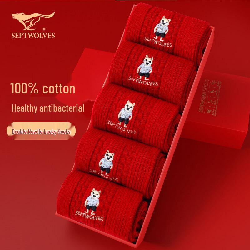 Sevenwolves Men s Lucky Red Cotton Mid-Calf Socks (5 Pairs) One Size