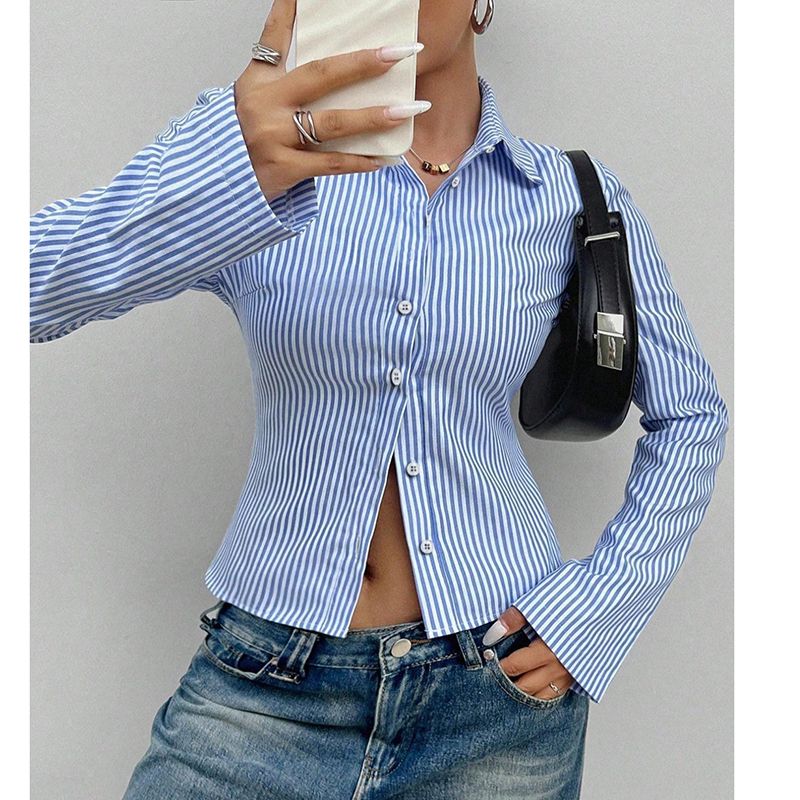

European and American Autumn New Fashion Commuter Ol Lapel Single-Breasted Stripe Business Interview Casual Button Long sleeve Shirts Picture Color XL