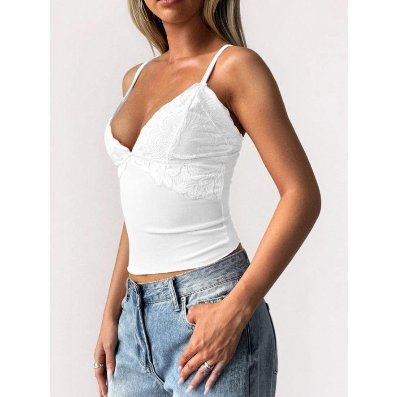 Women Lace Trim V Neck Spaghetti Strap Fitted Crop Cami Top