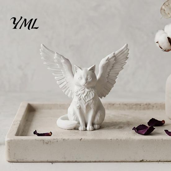 PLA Material Crafts Angel Cat Desk Ornament, Matte White 3D Printing Figurine, Minimalist Simple Textured Art Winged Sculpture for Home Office