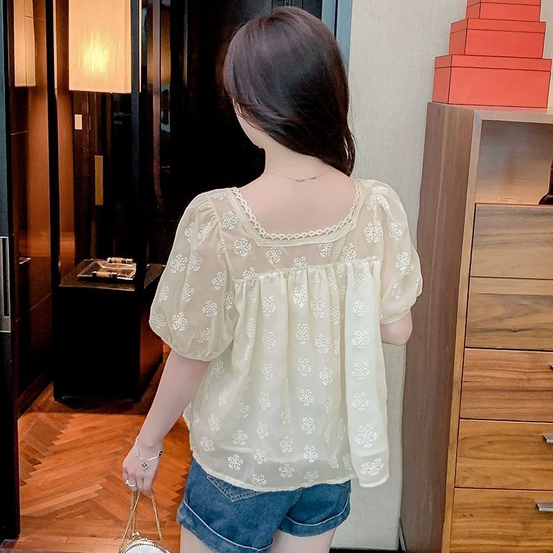 Summer Elegant Square Collar Shirt Sweet Hollow Out Embroidery Women's Loose French Style Puff Sleeve Spliced Folds Blouse