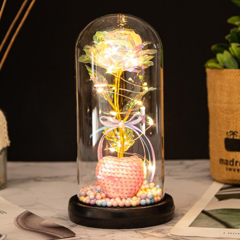 Love glass cover gold leaf flower ornament, Christmas and Valentine's Day creative gift, luminous simulated rose bouquet