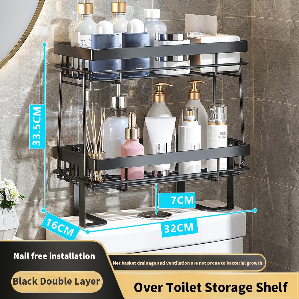 

Мебель для туалета над унитазом, двухъярусный органайзер для ванной комнаты, полки, утолщенная углеродистая сталь, полка для унитаза, без сверления, для хранения чёрный