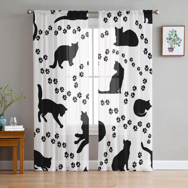 Cartoon Pet Paw Footprint Tulle Curtains For Living Room Bedroom Decoration Chiffon Sheer Voile Kitchen Window Curtain Drapes