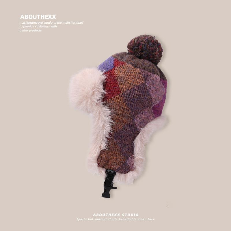 Dopamine Checkered Hat for Women New Winter Woolen Hat with Thick Headband Cold Proof Plush Ear Protecting Lei Feng Hat for Men