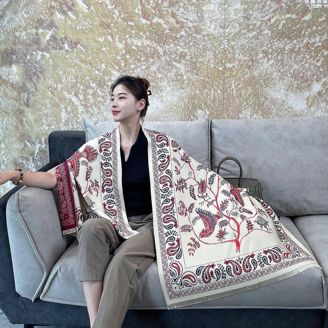 

Shawl Bluebird Pattern Ethnic Style Cashew Flower Air Conditioned Room Nap Blanket Winter Warm Scarf for Women 65*200cm