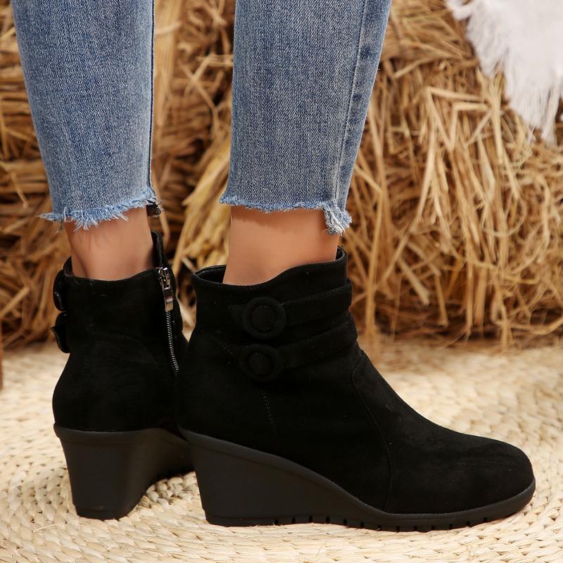 Fashion Autumn and Winter New Side Zipper Ladies Short Walking Women's Boots Suede Wedge Ankle Boots Women Shoes Black Big Size 42