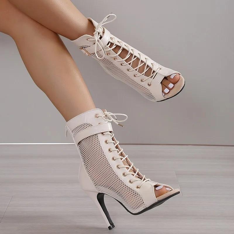 Fashion Women's Sandals Hollowed Mesh Heels Belt Buckle 2025 Summer Lace-up Sexy Open Toe Boots Stiletto Jazz Dance Party Ladies Shoes