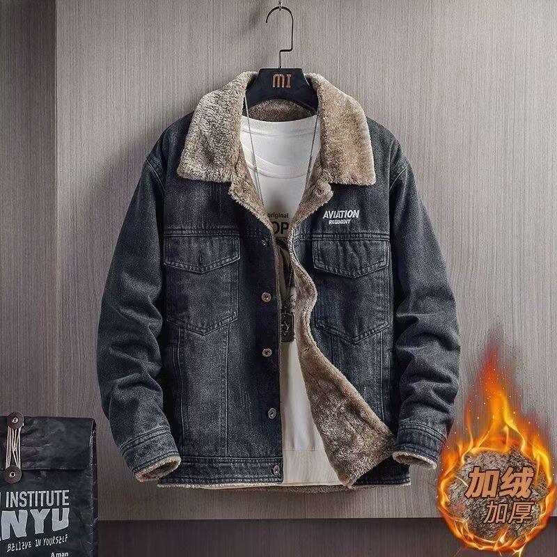 Autumn and Winter New Fashion Solid Color American Retro Thickened Warm Denim Jacket Men's Casual Loose Sports Large Size Coat