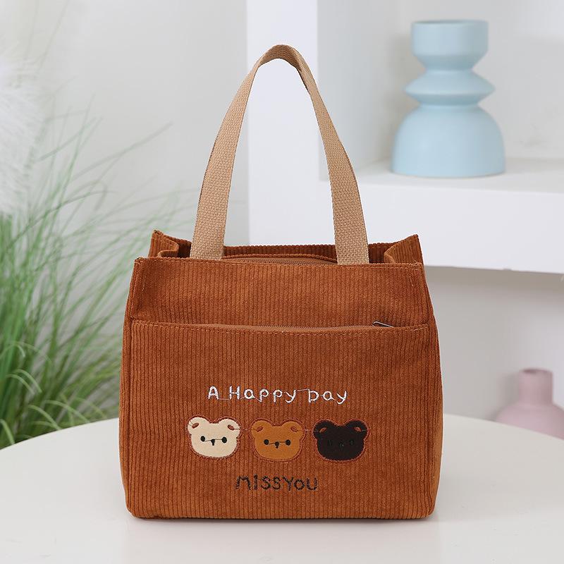 Corduroy Embroidered Bear Tote Bag, Stylish Cosmetic Storage Handbag, Suitable for Daily Work School Outdoor Travel Deliver Food