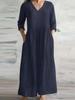 New Casual Women Loose Long Maxi Dress V Neck Half Sleeves Simple Style Cotton Linen Vestido Lady Dress for Spring Autumn