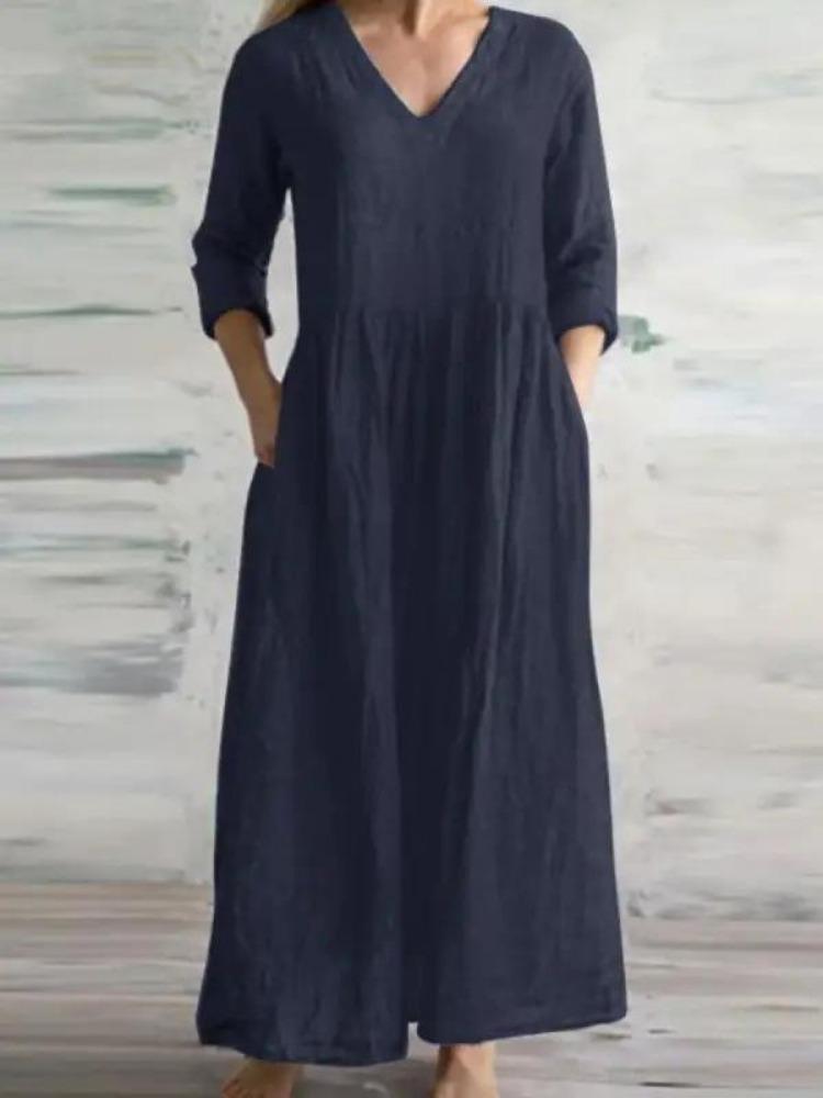 New Casual Women Loose Long Maxi Dress V Neck Half Sleeves Simple Style Cotton Linen Vestido Lady Dress for Spring Autumn