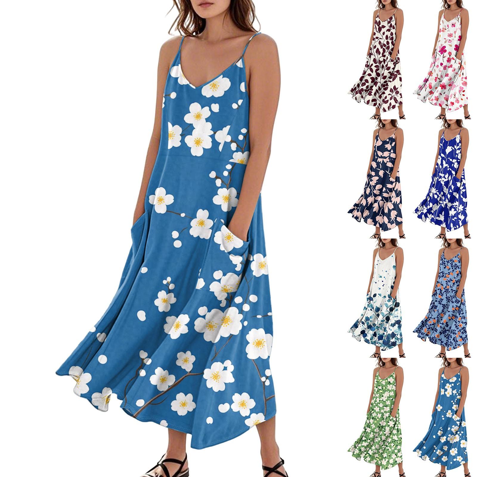

Women s Fashion Casual Floral Print Sleeveless Pocket Long Beach Dress XL синій