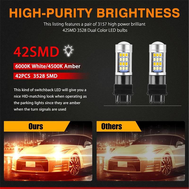 4Pcs Error Free White/Amber 3157 Led Drl Switchback Turn Signal Parking Light Bulb