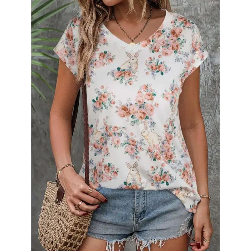 Digital Printed Pattern Women's Flower Short Sleeved Round Neck T-shirt