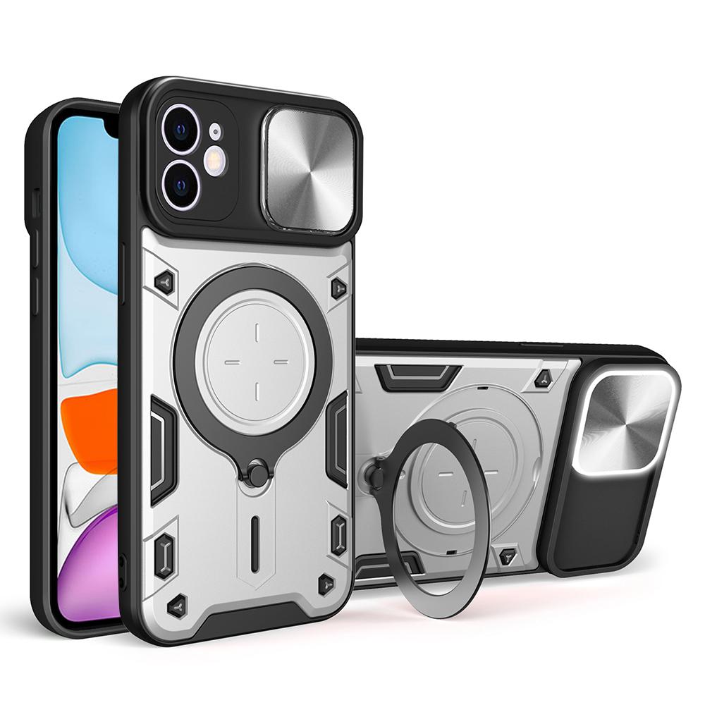 

For iPhone 11 Slide Camera Lid Anti-drop Cover PC+TPU Phone Case with Rotatable Kickstand Silver