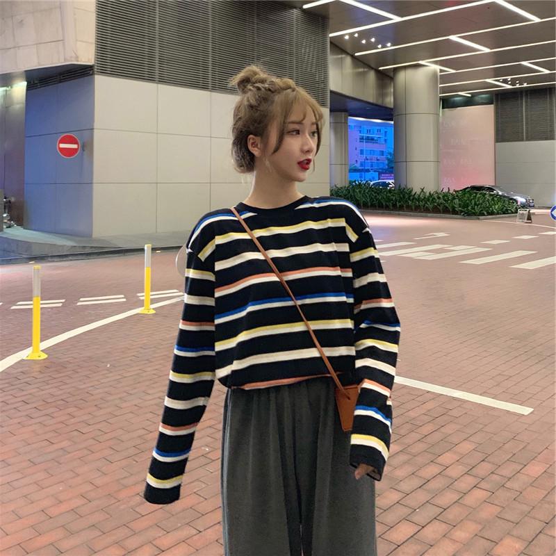Women's Contrast Stripe Long-Sleeve T-Shirt - Autumn 2025 Korean Loose Casual Style
