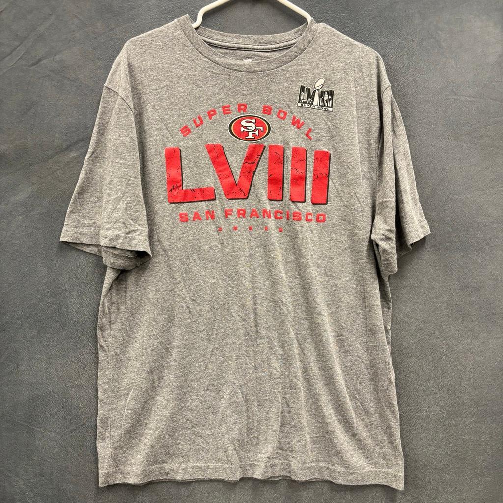 SF 49ers Super Bowl LVIII Tee Gray Fanatics Large NFL Football Shirt Fan Gear