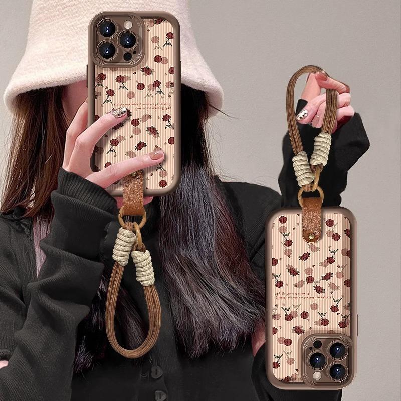 Vertical Pattern Rose for IPhone16 Mobile Phone Case Autumn and Winter for Apple 15 Lanyard 13 Lambskin 14 High-end